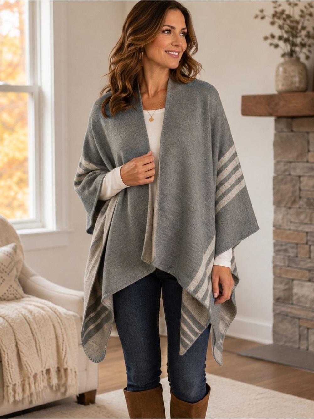 BB Dakota Reversible Gray Striped Poncho Cape Open Front Wrap One Size